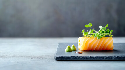 Wall Mural - A beautifully plated slice of salmon garnished with microgreens and wasabi, resting on a dark slate plate against a muted background.