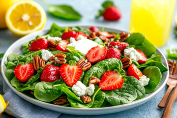 Wall Mural - A vibrant spinach salad topped with strawberries, pecans, and goat cheese, served with a refreshing lemon drink.