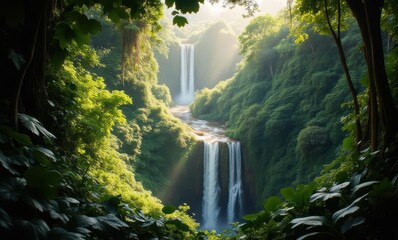 Wall Mural - Serene waterfall cascading through lush greenery