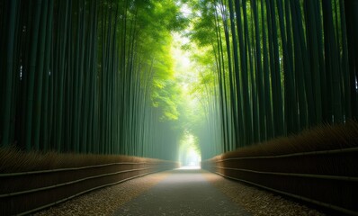 Poster - Serene bamboo path in lush greenery