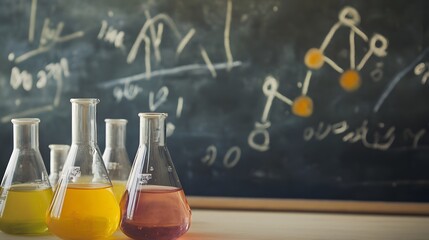 Fototapete - Close up view of a scientific laboratory setup featuring various glass beakers flasks and test tubes filled with colored liquids representing an ongoing chemical experiment or analysis