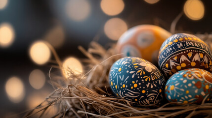 Colorful decorated eggs in nest with soft bokeh lights create festive atmosphere. Perfect for celebrating spring and Easter traditions