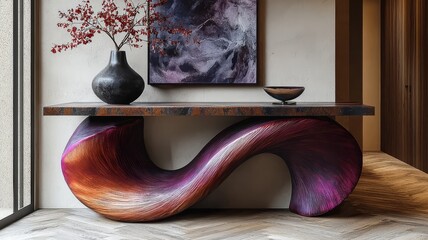 Wall Mural - Elegant modern console table with a vibrant, swirling base, adorned with a stylish vase and artwork, perfect for contemporary interior design.