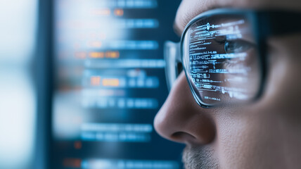 Wall Mural - programmer's focus: a close-up profile of a programmer's face, their glasses reflecting lines of cod