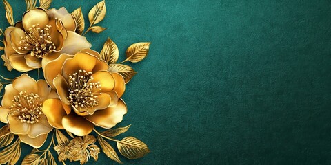 Wall Mural - Golden Floral Design Turquoise Background Elegant Decor