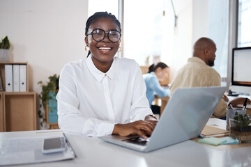 Poster - Businesswoman, portrait or happy accountant on laptop for news, investment profit or budget plan. Coworking, online or confident financial advisor with technology for network or accounting report