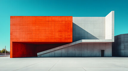 Fototapete - A modern architectural structure featuring bold red and gray elements against a clear blue sky, showcasing minimalist design and geometric shapes