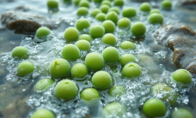 Canvas Print - Green balls floating in clear water