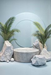 Wall Mural - This image presents a luxurious and serene composition featuring a white marble platform surrounded by tropical palm leaves and large white rocks. The soft blue background and circular design add a mo