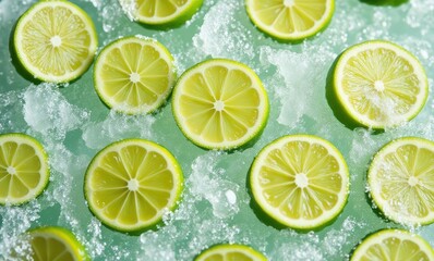 Wall Mural - Fresh lime slices on ice background