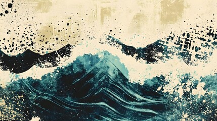 Poster - Dynamic Mountainous Seascape with Crashing Waves and Abstract Textures