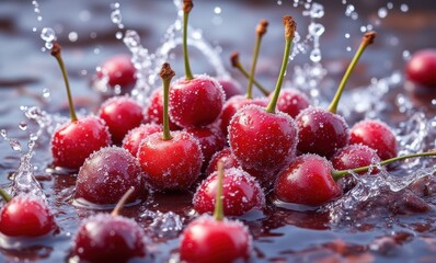 Wall Mural - Fresh cherries with water splash