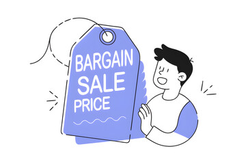 bargain sale event finding discount retail price coupon or promotion offer price advantage for customer consumer special price marketing concept young man finding special bargain sale price tag.