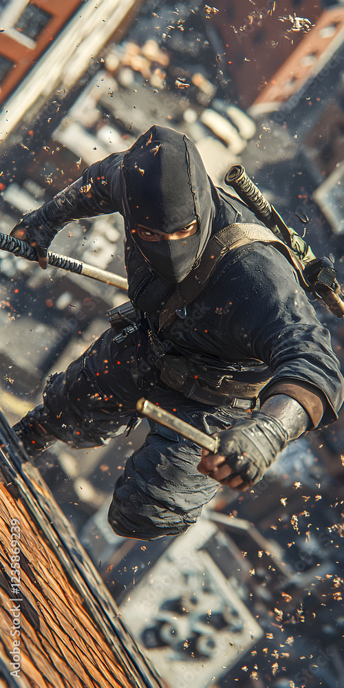 Ninja Rooftop Action: Stealth Combat Character in Dynamic Urban ...