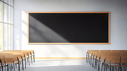 Poster - Empty classroom interior with rows of desks and chairs facing a large digital blackboard or whiteboard  The minimalist modern design with abundant natural lighting creates a clean
