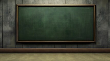 Leinwandbilder - Empty green chalkboard in a wooden frame on a textured wooden wall background  The clean minimalist room setting suggests a classroom lecture hall or corporate training space