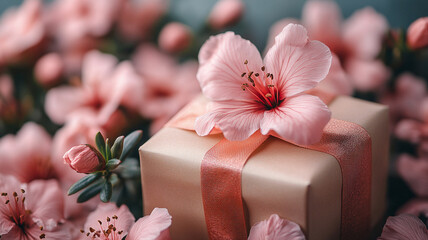 Sticker - Gift box and sakura blossoms, Chinese rose blossoms. International Women's Day.