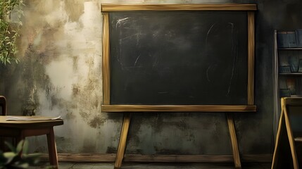 Leinwandbilder - Empty old and worn chalkboard or blackboard set up in a vintage rustic classroom setting with wooden desks chairs and other furniture  The space has a grunge
