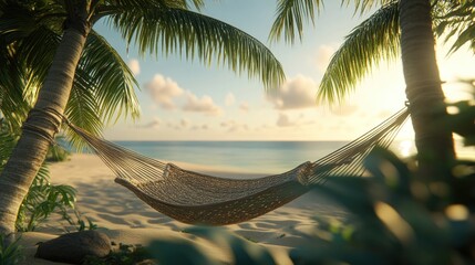 Wall Mural - Serene Sunset Hammock Paradise with Tropical Beach Relaxation