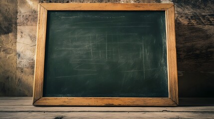 Leinwandbilder - Empty old vintage blackboard or chalkboard in a wooden frame placed on a wooden desk or table in a classroom or school setting  The blackboard has a grunge and worn texture