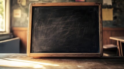 Leinwandbilder - Empty vintage chalkboard in the rustic interior of an old classroom or lecture hall  Concept of education academic institution teaching or learning environment