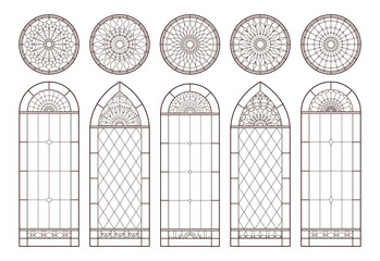 Stained church glass windows pack. Catholic Christian frames. Line drawing in black and white color.