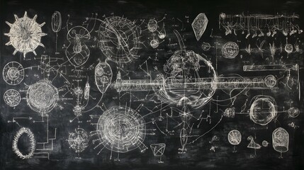 Poster - Intricate scientific diagrams formulas and patterns visualized in an abstract digital graphic representing the of new concepts technological advancements and the complexity of research and discovery