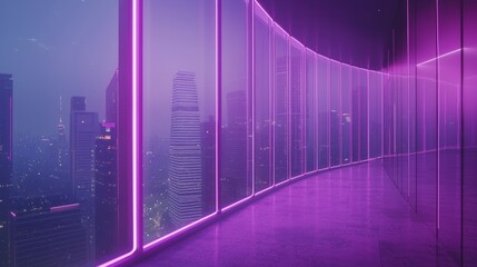 Wall Mural - Sleek Glass Window with Bright Purple Light and City View at Night