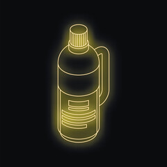 Poster - Isometric view of a glowing neon yellow plastic bottle with handle and blank label on a black background