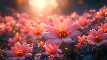 Wall Mural - Pink flowers sunset field sunrise bloom nature background