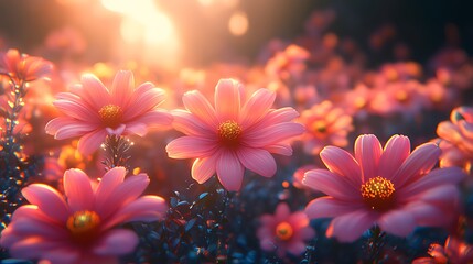 Wall Mural - Pink flowers sunset field digital art wallpaper