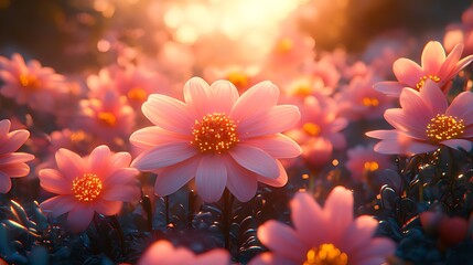 Wall Mural - Pink flowers sunset field digital art background