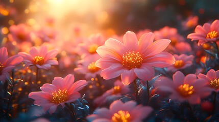 Wall Mural - Pink flowers sunset field sunrise nature background