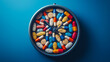 © Marina_Nov - Clock made of tablets, pills, capsules. Brightly colored capsules of different shapes and sizes serve as clock showing time of taking medications, emphasizing importance of following pill regimen.