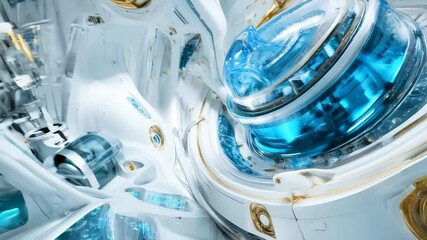 Wall Mural - top-down view of a futuristic space station interior, white and blue with gold accents, with a sci-f