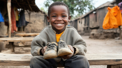 Wall Mural - A young African boy smiling proudly as he holds a new pair of shoes, sitting on a wooden bench in a village square