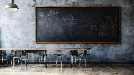 Leinwandbilder - Spacious and minimalist classroom with a large chalkboard on the wall simple wooden tables and chairs creating a serene and focused environment for learning teaching or brainstorming sessions