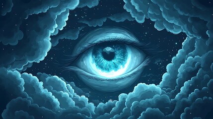 Wall Mural - Eye in the night sky, clouds. Stock photo of an artistic eye, looking into the night sky through clouds