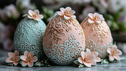 Wall Mural - Easter eggs in vintage lace style with flowers. Vintage Easter greeting card.