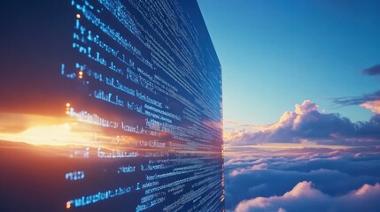 Code Skyline:  A digital skyscraper at sunset, soaring above the clouds, reflecting the vibrant colors of the evening sky.