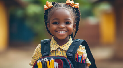 Wall Mural - a little girl in a school uniform, beaming with joy as she receives a backpack with school supplies