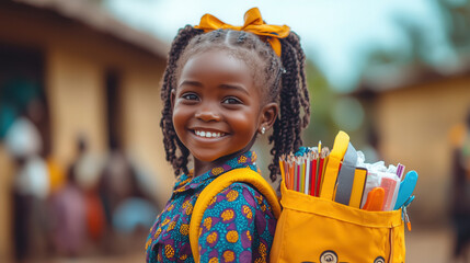 Wall Mural - a little girl in a school uniform, beaming with joy as she receives a backpack with school supplies