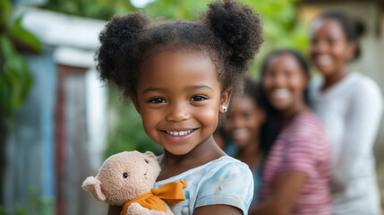 Wall Mural - A little African girl holding a doll, smiling shyly as she stands in front of a group of smiling adults