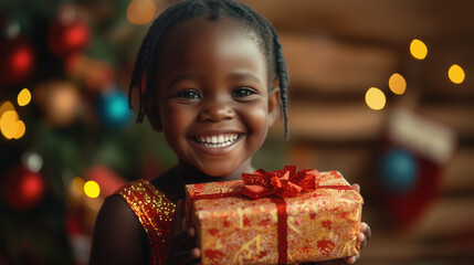 Wall Mural - a africa kid girl is happy after receiving a gift