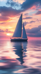 Wall Mural - A sailboat gliding smoothly on calm waters during sunset.