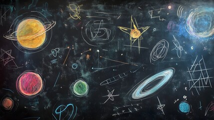 Poster - Vibrant and abstract composition featuring various cosmic shapes planets galaxies and other interstellar elements in a dynamic imaginative and visually striking design