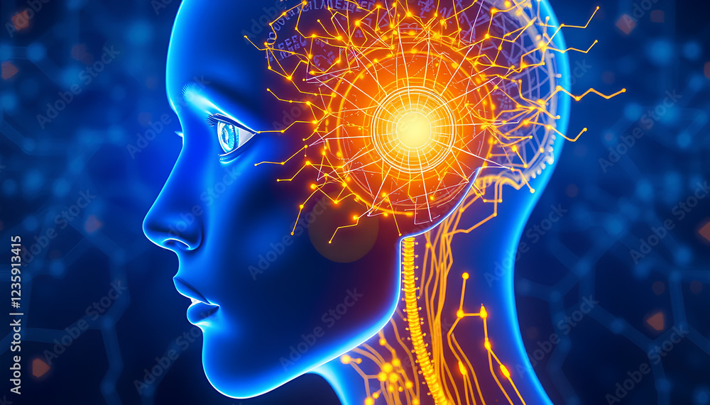 Side view of a humanoid head with blue and yellow eyes and vibrant neon ...