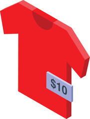 Wall Mural - Red t shirt with ten dollar price tag, isometric view, representing clothing sales and affordable fashion