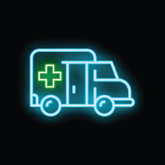 Wall Mural - Bright blue neon ambulance with green cross glowing on black background