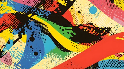 Aufkleber - Vibrant Splattered Abstract Digital Art with Geometric Shapes and Energetic Color Palette